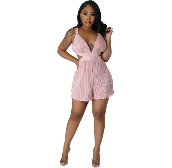 (S-XXL) 💋 Sexy Women Cut Out Low Cut Solid Color
Pleated Romper