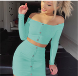 Women Autumn Edgy Basic Solid Color Long-sleeved Crop Top And Rib Knit Skirt Set