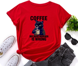 Women Casual Coffee Cat Black White Print Loose Round Neck Short Sleeve T-Shirt