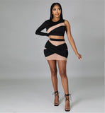 (S-XXL) 💋 One Sleeved Mesh Skirt, Single Crop Top And Bodycon Mini Dress CoOrd Set