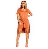 (S-XXL) 💋 Casual Short Sleeve Side-slit Top And Skinny Shorts xxl Set