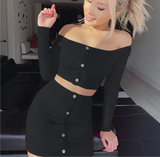 Women Autumn Edgy Basic Solid Color Long-sleeved Crop Top And Rib Knit Skirt Set