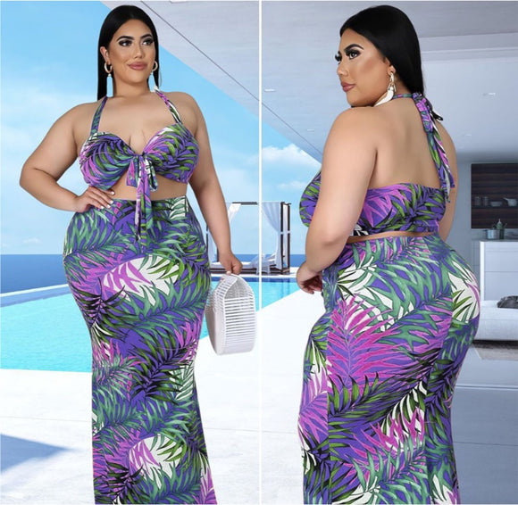 (L-4XL) 💋 Women Plus Size Printed Sexy Lace-Up Crop Top And Skirt Two-Piece Set