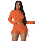 (S-XL) 💋 Bubble Fabric Backless Long Sleeve Crop Top And Drawstring Shorts Two-Piece Set