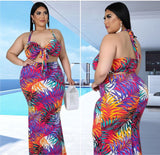 (L-4XL) 💋 Women Plus Size Printed Sexy Lace-Up Crop Top And Skirt Two-Piece Set