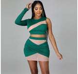 (S-XXL) 💋 One Sleeved Mesh Skirt, Single Crop Top And Bodycon Mini Dress CoOrd Set