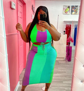 (S-4XL) 💋 Edgy Sleeveless colored blocking stripes two piece Set