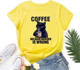 Women Casual Coffee Cat Black White Print Loose Round Neck Short Sleeve T-Shirt