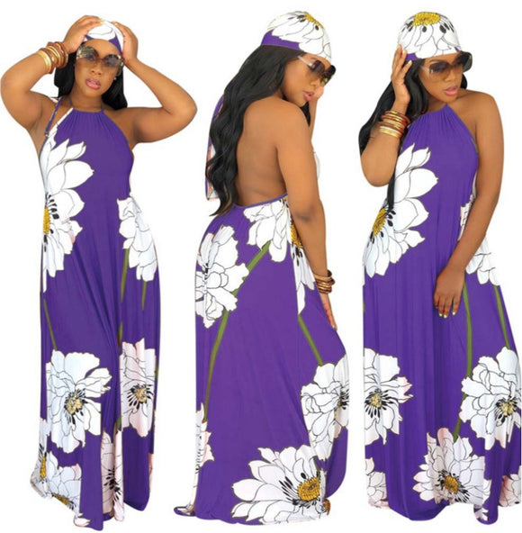 (S-XXL) 💋 Women Bohemian Floral Print Backless Halter Neck Maxi Dress