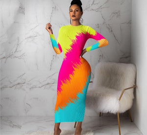 Women Fashion Color Blocking Long Sleeve Midi Dress