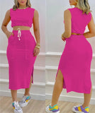 (S-3XL) 💋 Women Fashion Casual Sleeveless Crop Tank Top And Side-slit Bodycon Skirt Set